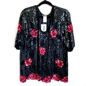 Vintage 80s 90s Silk Beaded Sequin Holiday Party Blouse Top Size 1X Black Roses